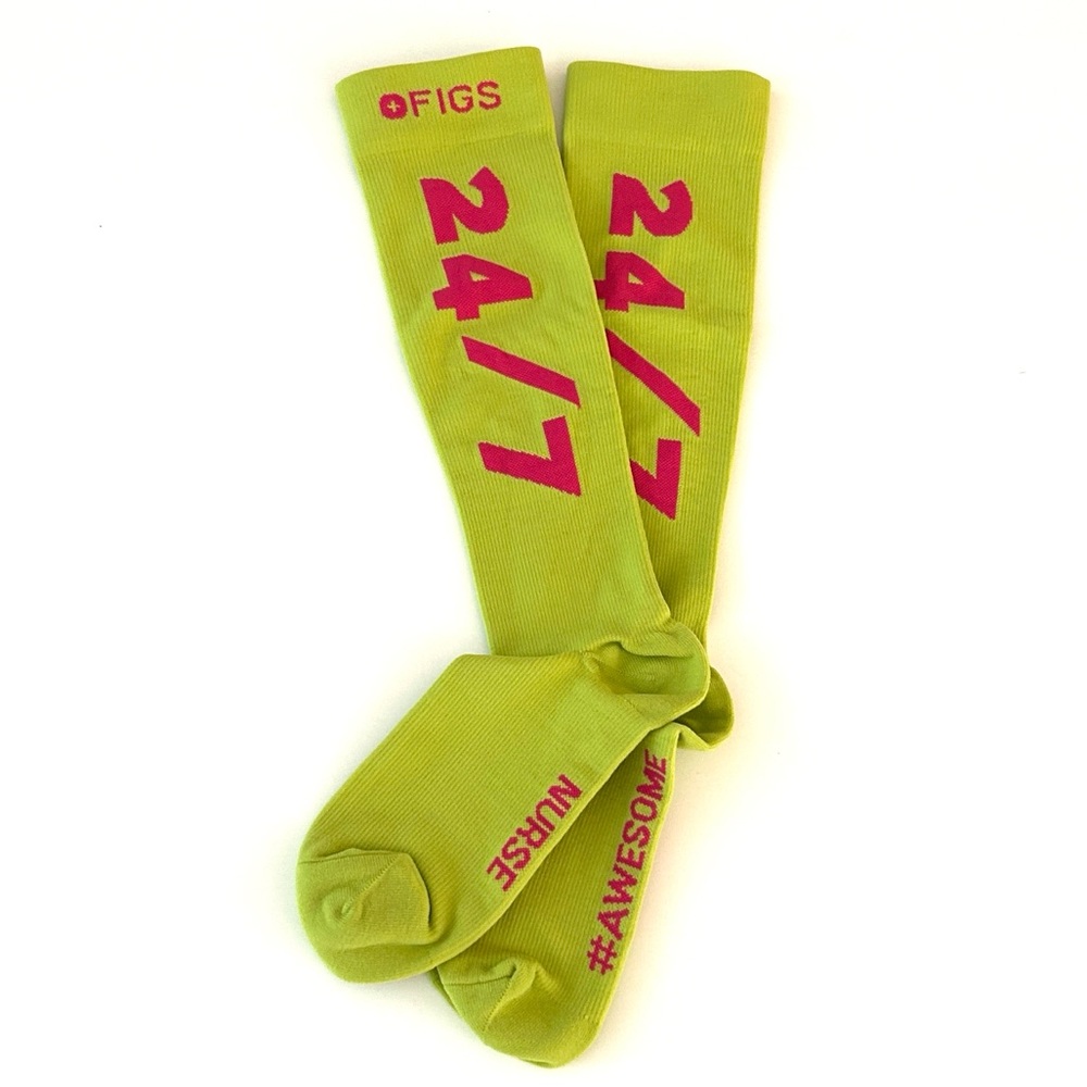 FIGS New READY WHEN YOU ARE Compression Socks Large 24/7/365 Lime Green Pink